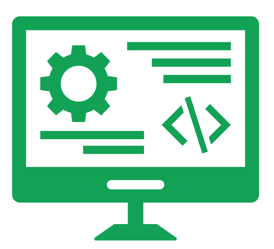 Web development icon — monitor with code and gear